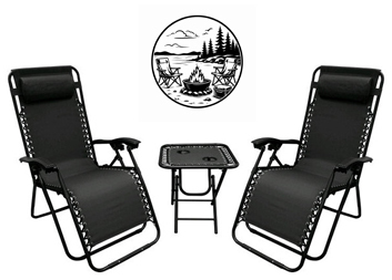 Two black zero gravity chair and portable table.