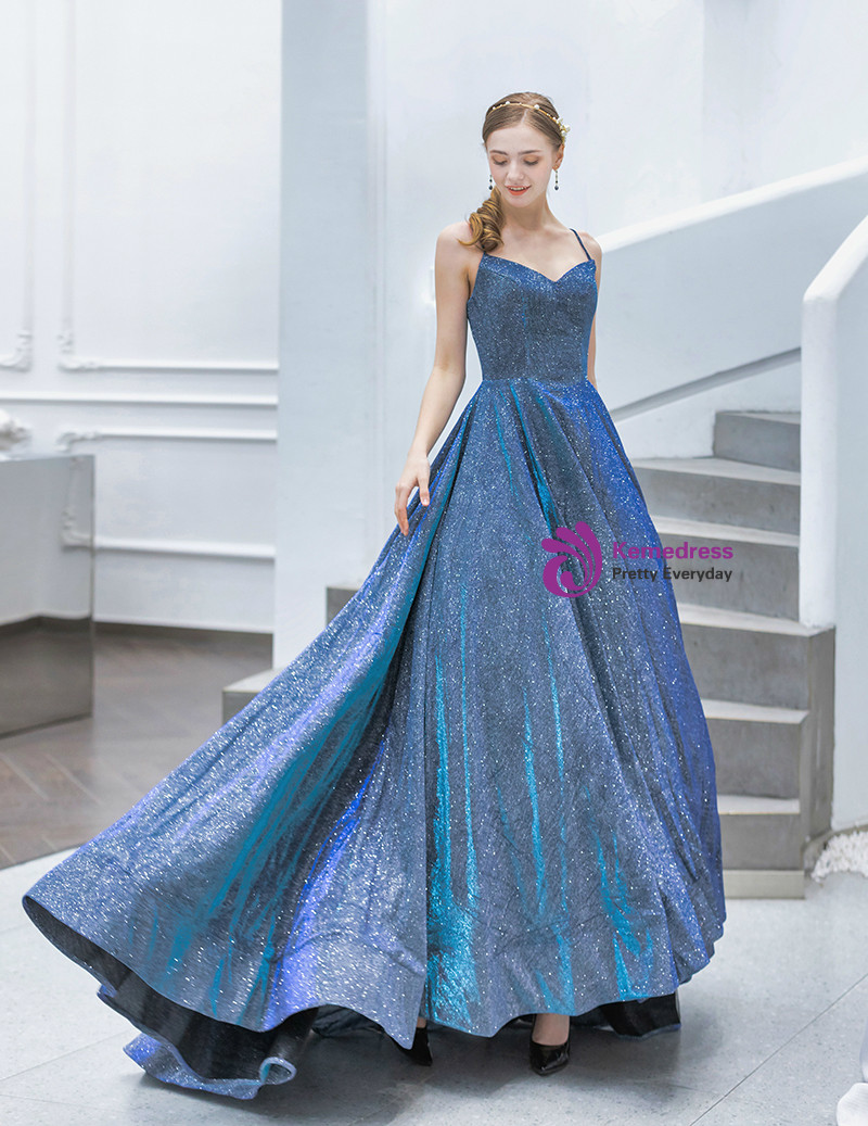 Blue Spaghetti Straps Prom Dress with Ruffle Side