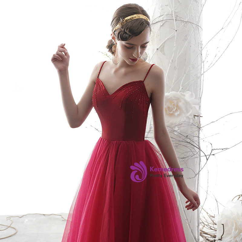 Fashion Burgundy Tulle Spaghetti Straps Long Evening Prom Dress