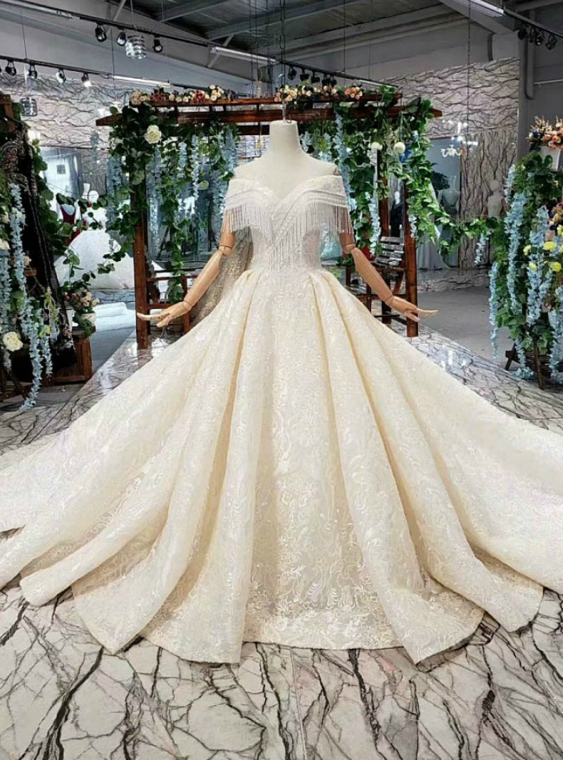 Tulle Jewel Beading Long Sleeve Ball Gown Wedding Dress