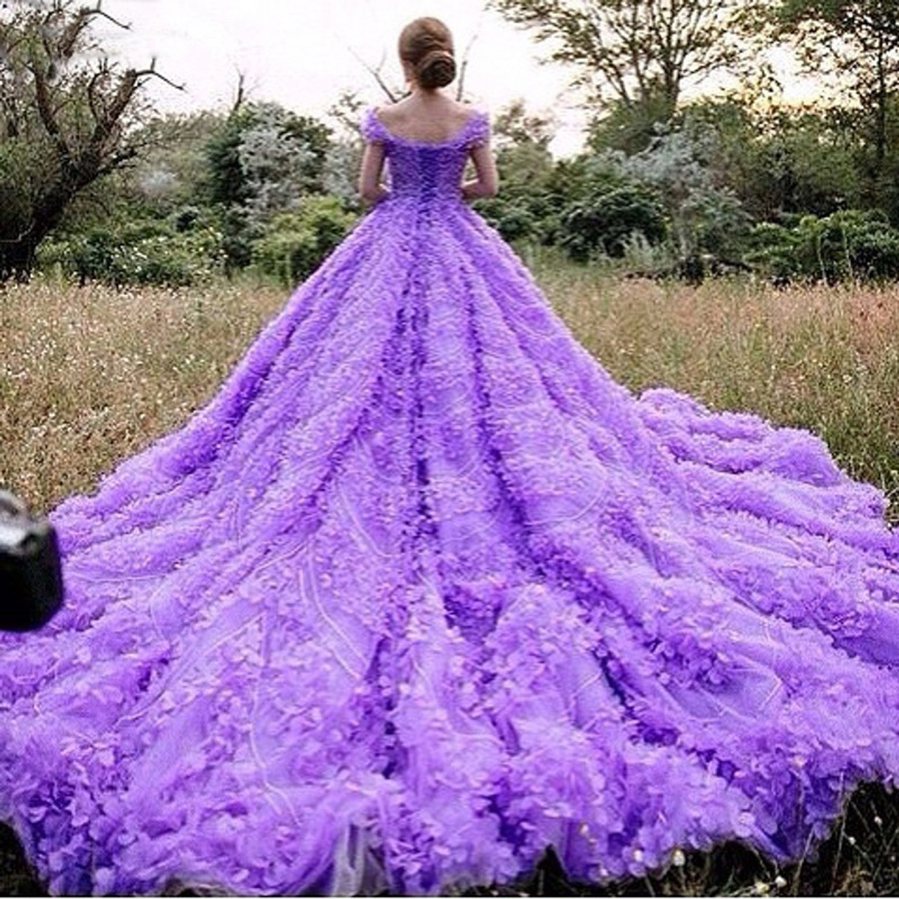 Real Gorgeous Purple Ball Gown Off The Shoulder Long Train Wedding Dress