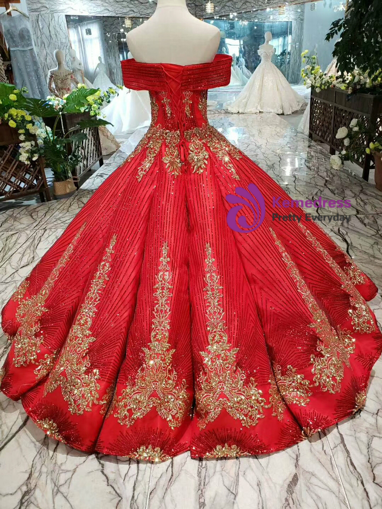 Red Ball Gown Gold Sequins Appliques Off the Shoulder Luxury Wedding Dress