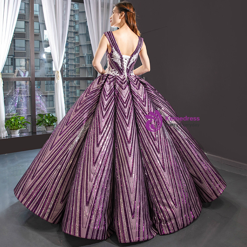 Purple Ball Gown Sequins Backless White Appliques Luxury Wedding Dress