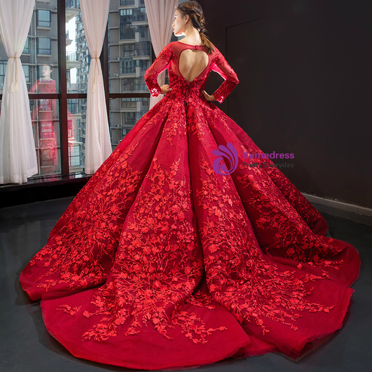 Dark Red Ball Gown Tulle Appliques Long Sleeve Backless Luxury Prom Dress