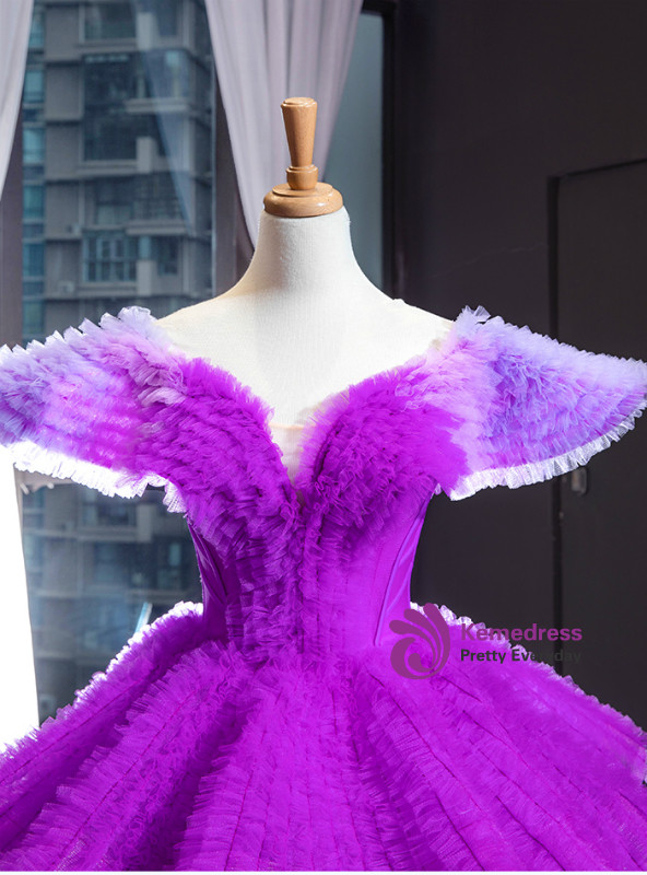 Dusty Purple Ball Gown Tulle Straps Prom Gowns JTE336