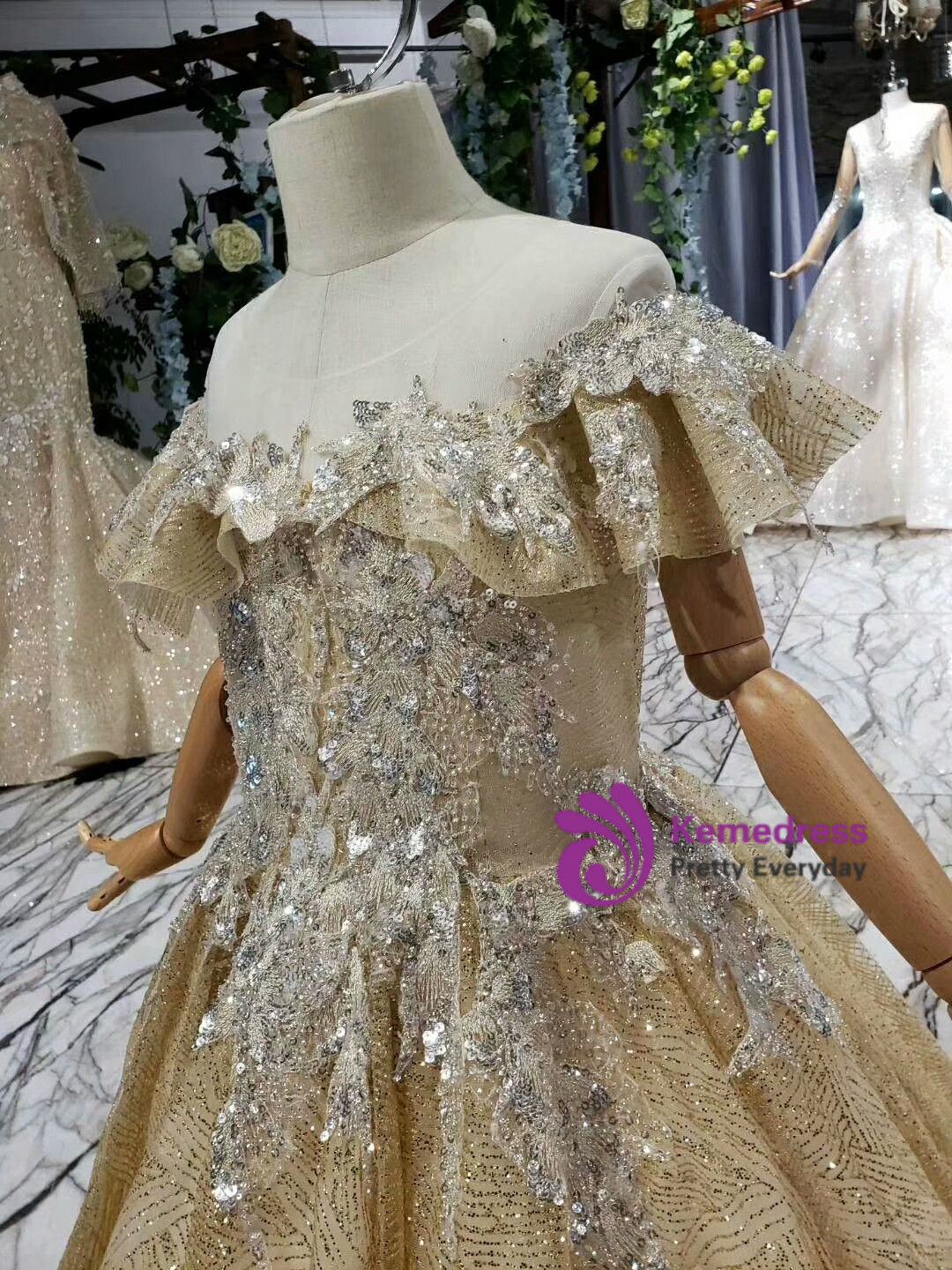 Sparkly Gold Sequin Custom Ankle Length Ball Gown Flower Girl Dress