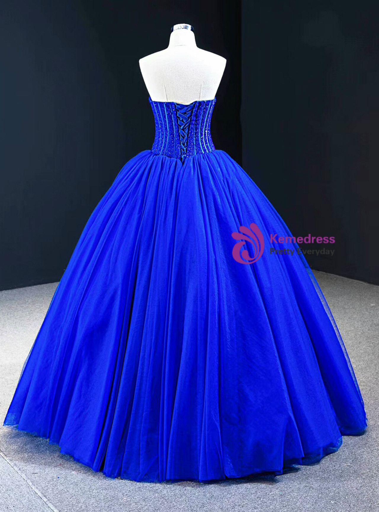 Royal Blue Ball Gown Tulle Strapless Floor Length Beading Prom Dress