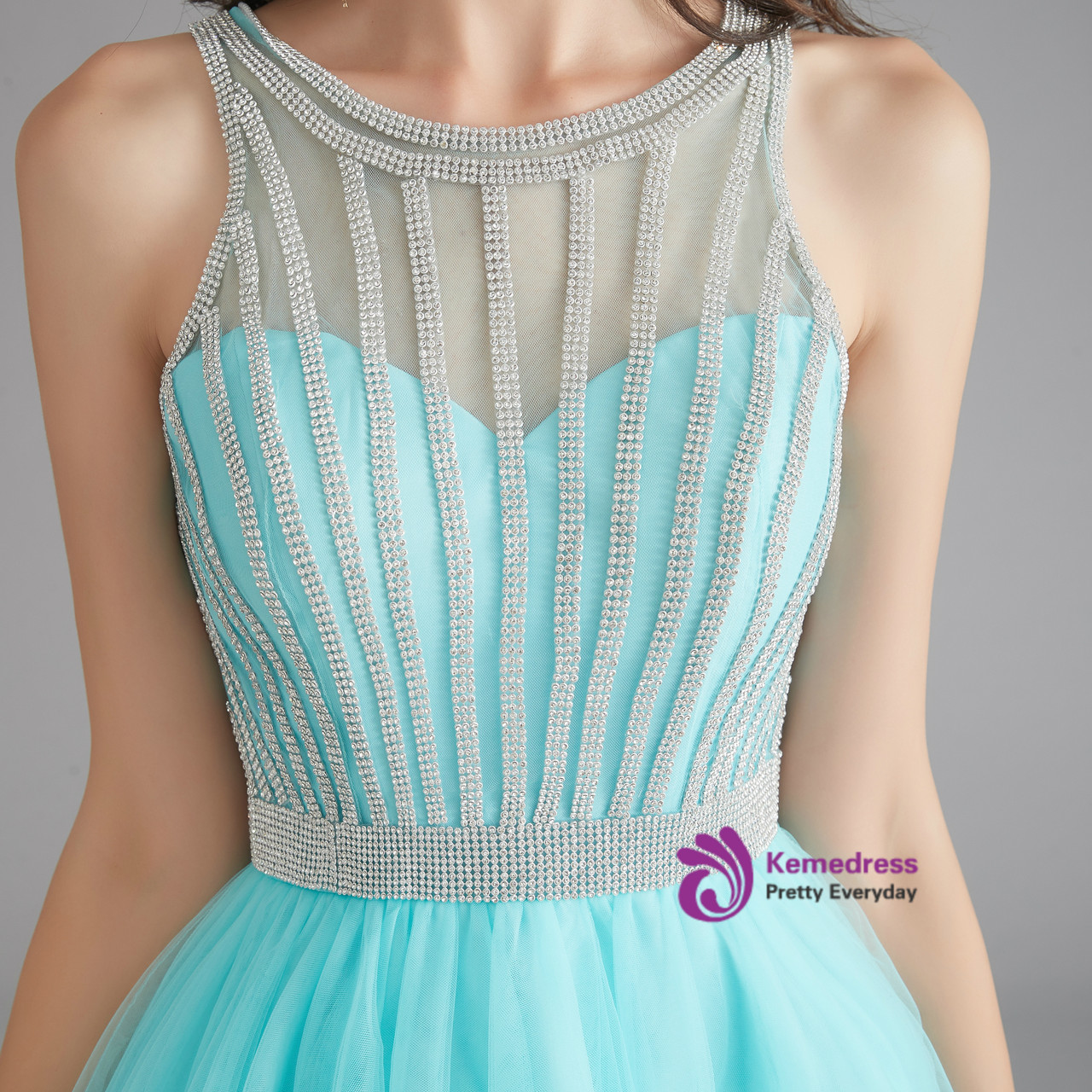 Shiny Sky Blue Tulle Beaded A Line V Neck Short Homecoming Dresses, PH402 main image 1