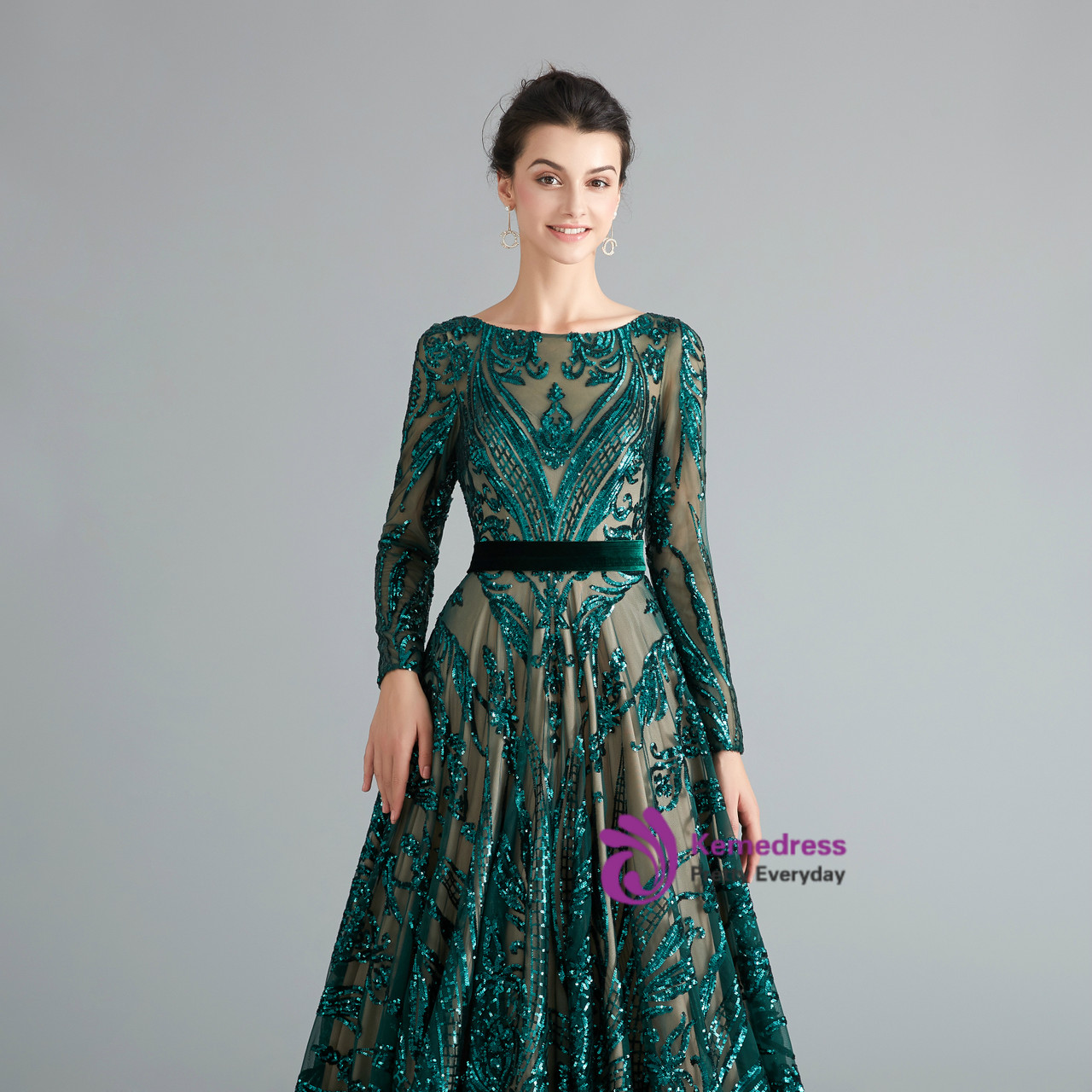A-Line Dark Green Sequins Ball Dress with Sleeves