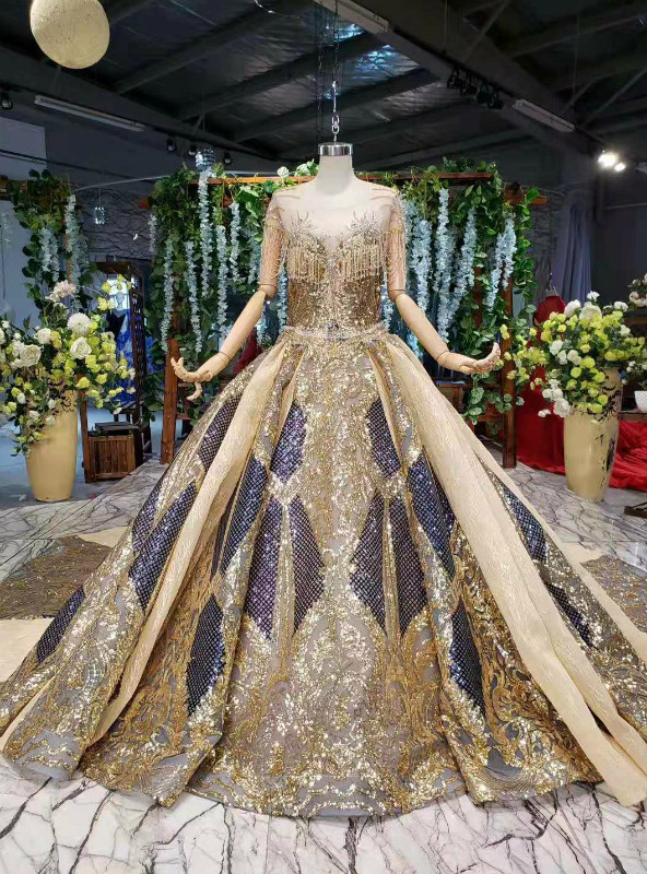 Gold Ball Gown Sequins Cap Sleeve Backless Wedding Dress With Train