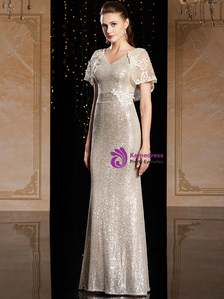 Glitter Twilight Mermaid V Neck Beaded Mother of Bride Dress with Appliques