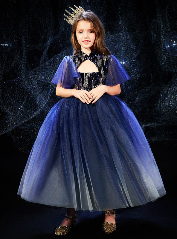 girls autumn dress - blue large sketched floral