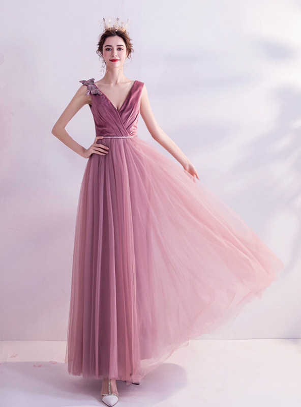 Shimmer Fit & Flare Tulle V-neck Prom Dress