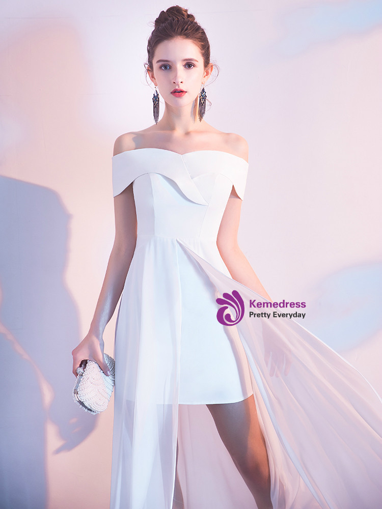 Off the Shoulder Chiffon Floor-Length Dress with Slit White