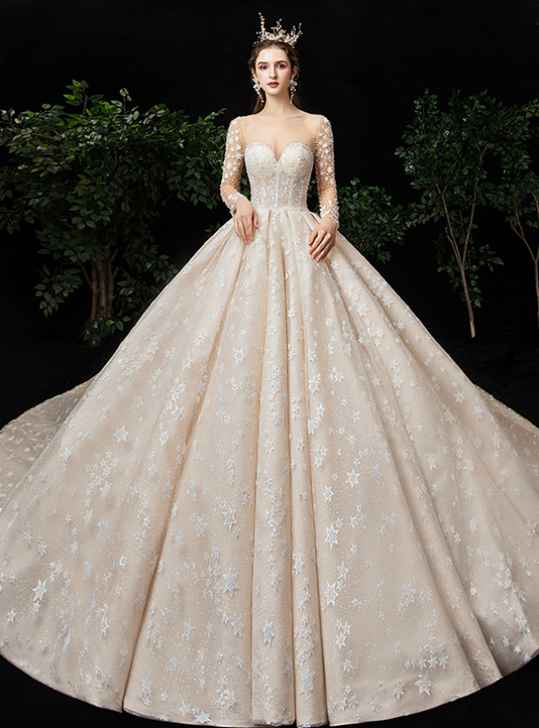 Long Sleeves  Lace Wedding Dresses backless bridal gown dress White Ball Gown Wedding Dresses