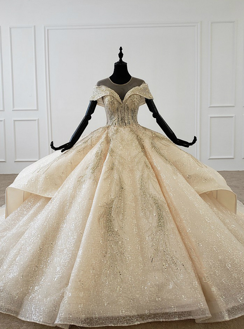 Sparkly Sleeveless Champagne Ball Dress Sequins