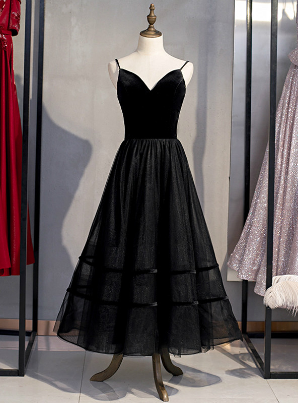 Lace 3/4 Sleeves Chiffon Tea-Length Dress Black main image 1