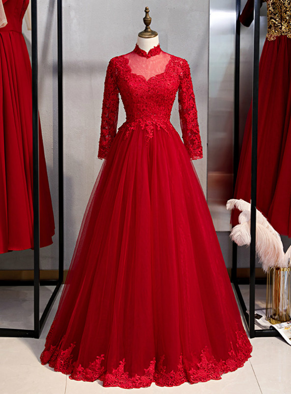 ALine Long Sleeve Tulle Lace High Neck Prom Dress — free download