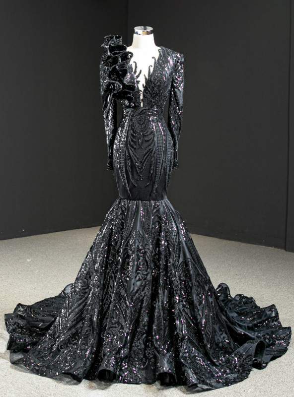 Black Long Sweetheart Sequins Mermaid Prom Dress with Sleeves