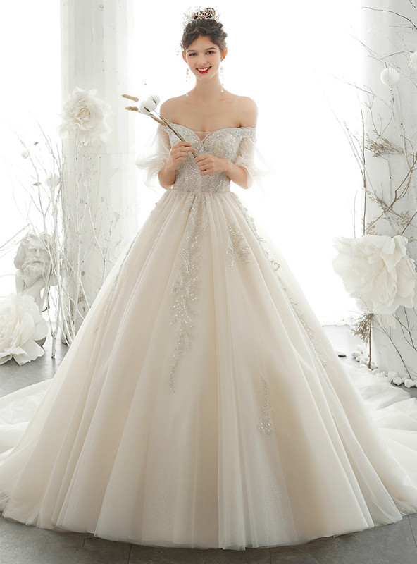 Pleated Off The Shoulder Ball Gown Wedding Dress With Tulle Ruffles