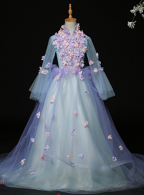 Flower Applique Tulle Square Neck Long Girls Dresses Mist