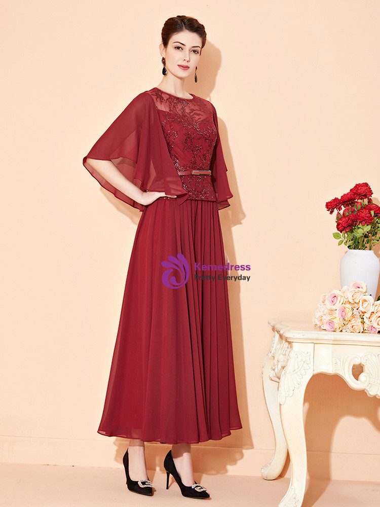 Cicinia Burgundy Mother Of The Bride Dress Long Chiffon Appliques Lace A-line Cape Sleeves Elegant