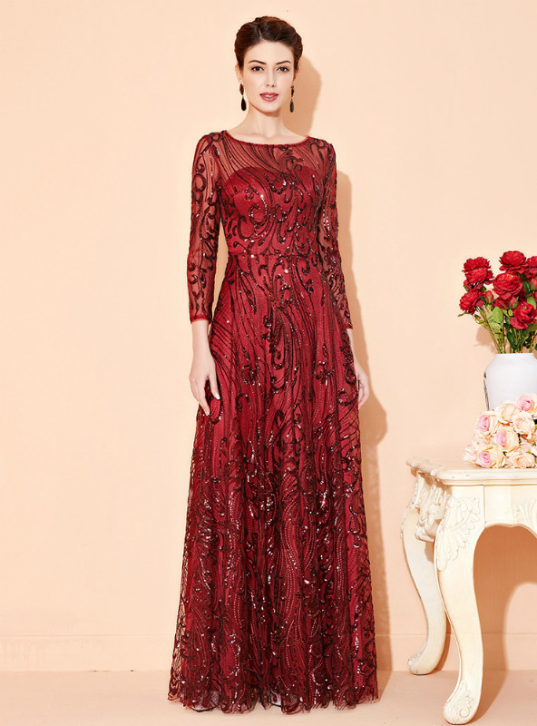 Tulle Floral Print A-Line 3/4 Sleeves Maxi Mother of the Bride & Groom Dresses