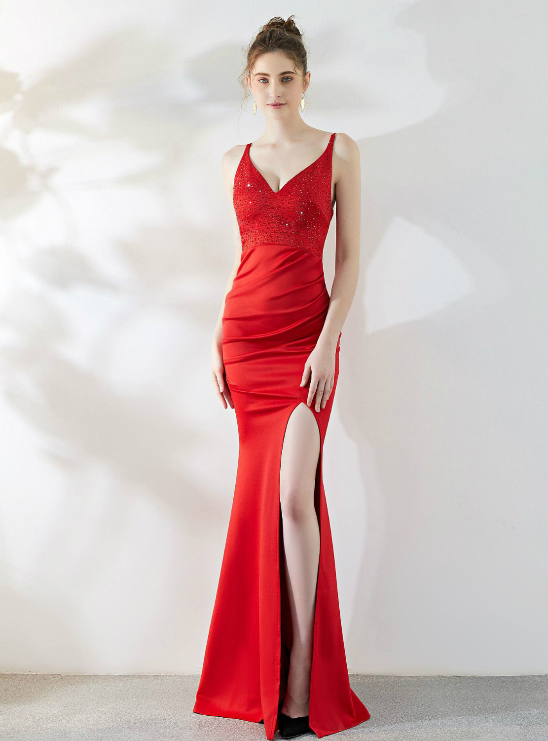 Mermaid Deep V Neck Split Pink Criss Cross Straps Beadings Prom Dress LBQ0392 main image 1