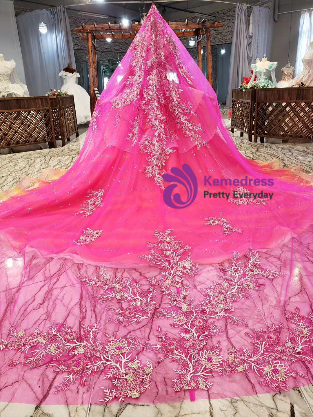 Tulle with Lace Appliqued Long Dresses Fuchsia