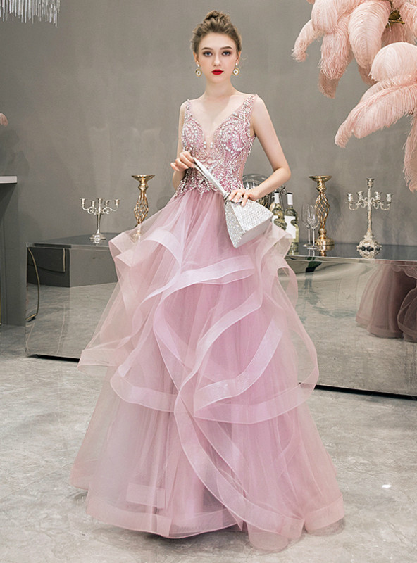 A-Line V-Neckline Beaded Tulle Off Shoulder Prom Dress, Pink Tulle Evening Dress main image 0