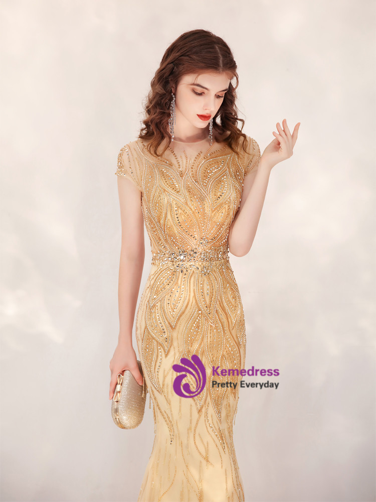 Popular Gold Tulle Cap Sleeve Scoop Beading Prom Dress main image 1