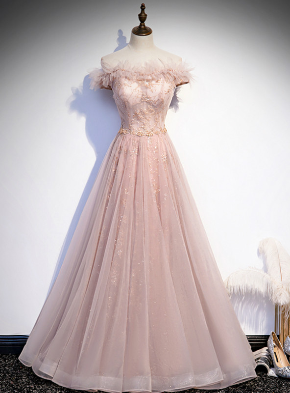Charming Mermaid Off The Shoulder Pink Tulle Sequin Long Prom Dress, Evening Dress C6769