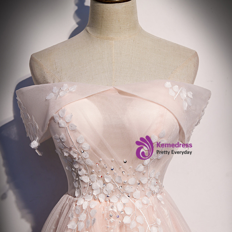 A Line Off the Shoulder Pink Appliques Lace Up Tulle Prom Dresses LBQ1699 main image 1