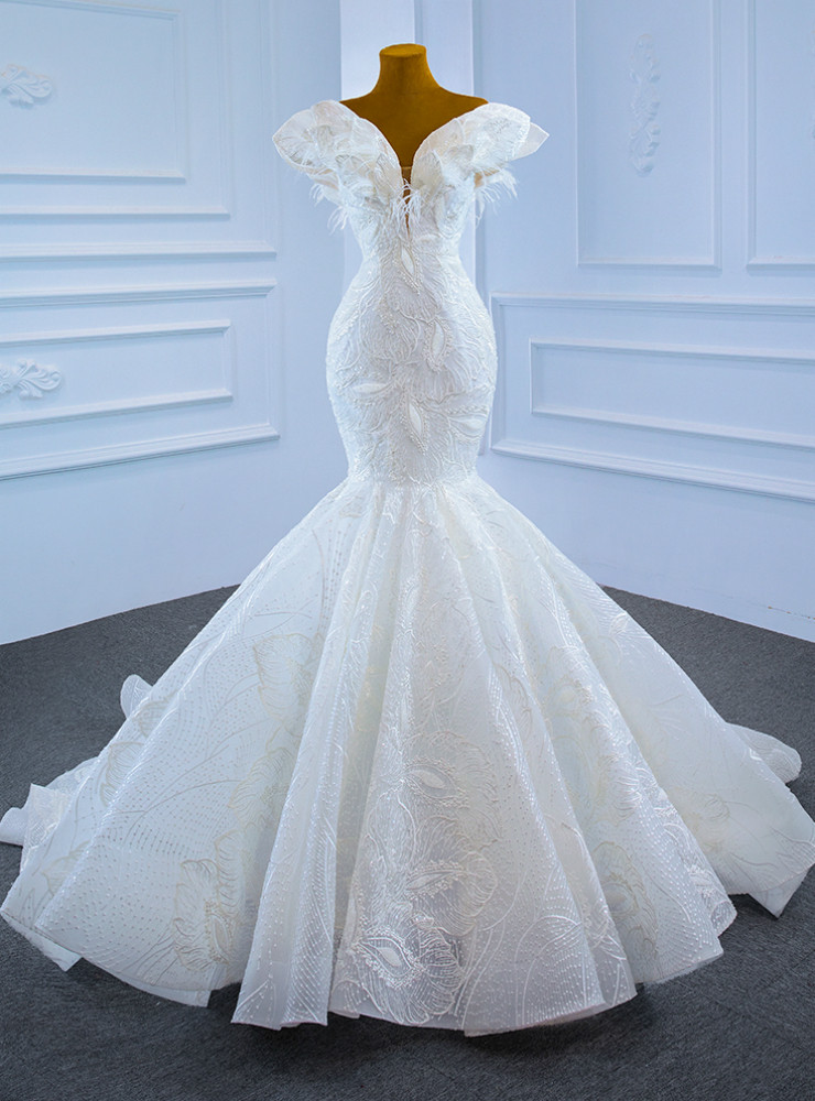 Off-shoulder Lace Top Mermaid Sexy Lace-up Back Long Train Wedding Dress, WD3074 main image 1