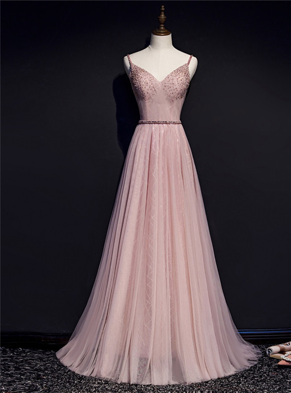 Shimmers Pink Spaghettistraps Sleeveless Column Tulle Floor-Length Prom Dresses with Beadings