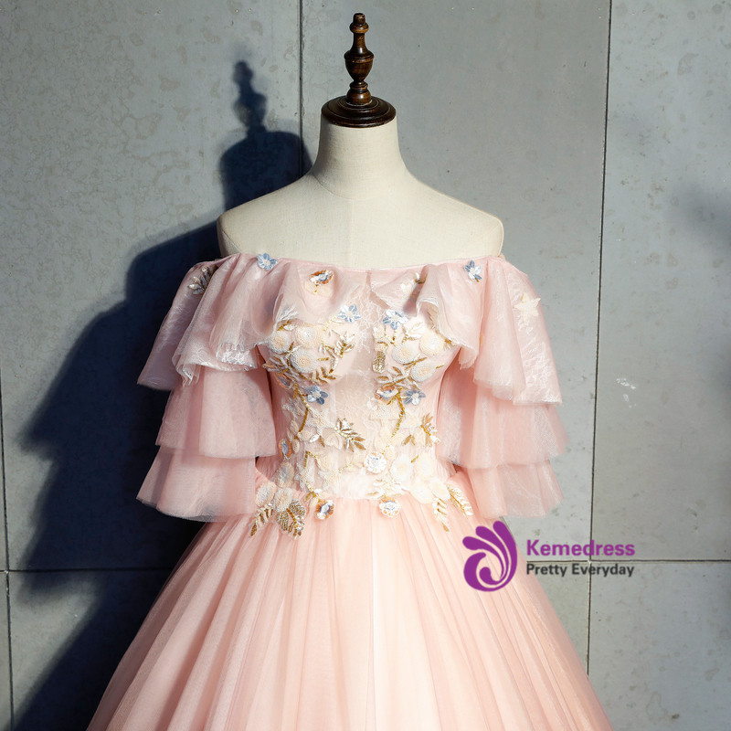 Violet Tulle Short Sleeve Appliques Quinceanera Dress