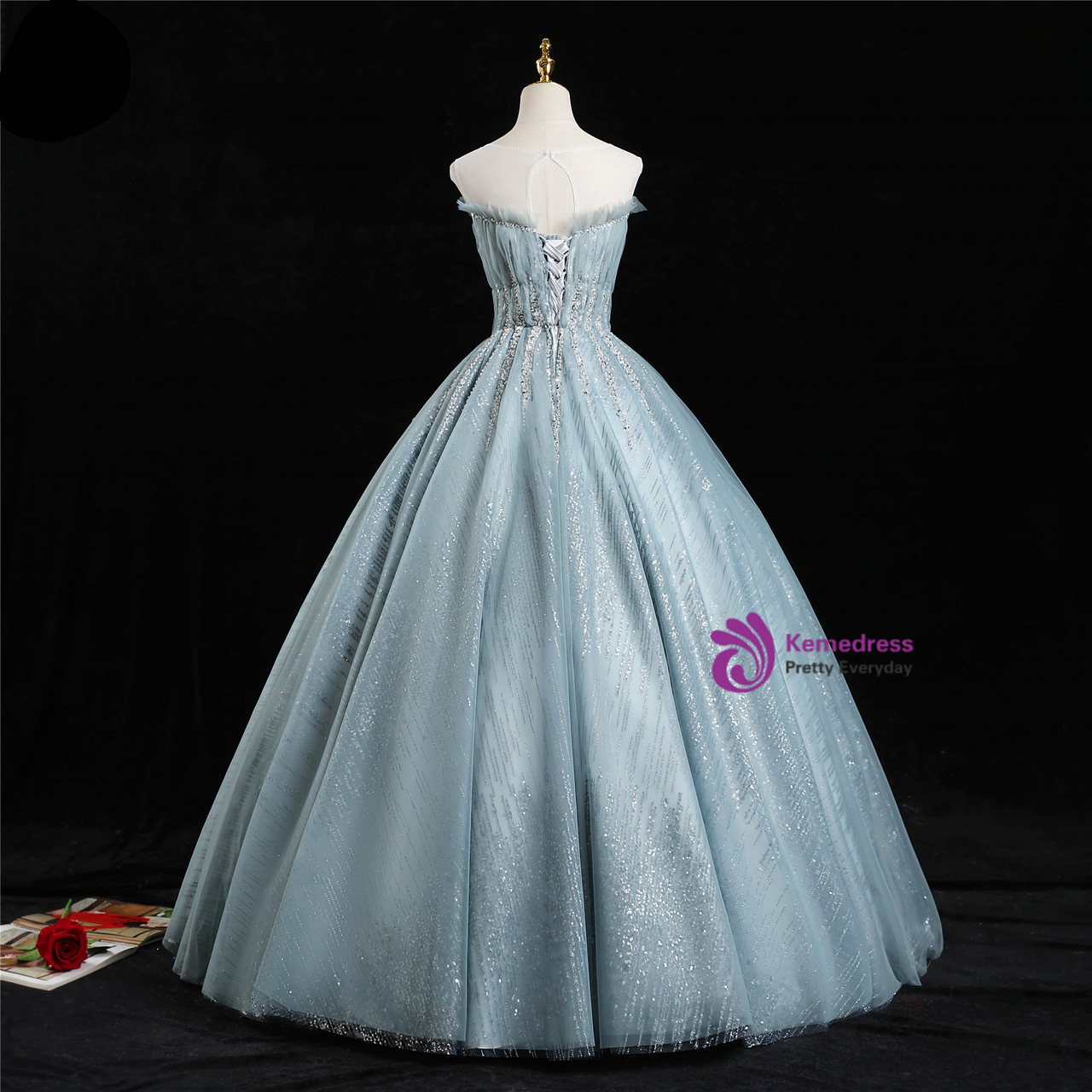 Blue Gray Ball Gown Tulle Sequins Beading Quinceanera Dress