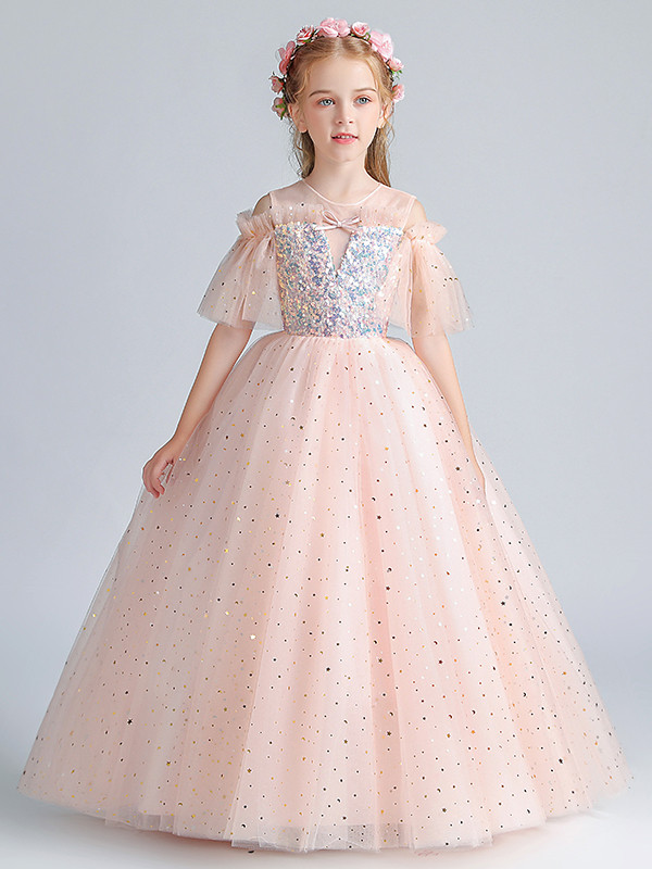 Elegant Pink Square Cap Shoulder A-line Long Flower Girl Dresses, FGS173