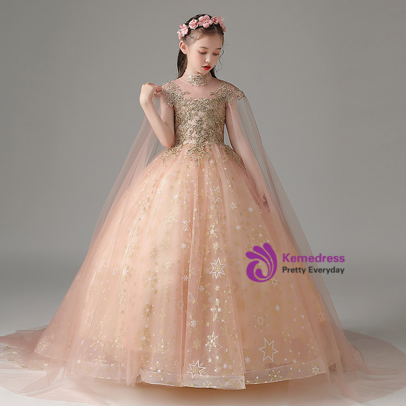 Pink Sequins Tulle High Neck Flower Girl Dress