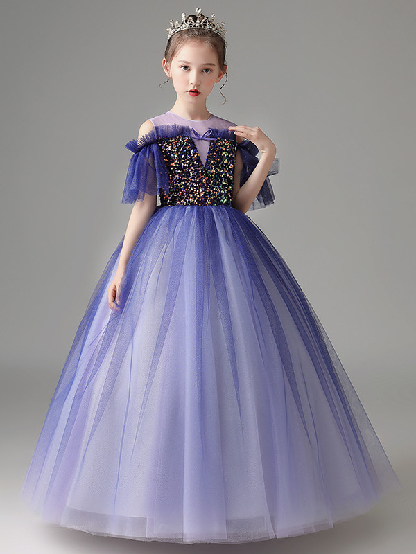 Blue Puffy Tulle Flower Girl Dress with Sequin Embellishment