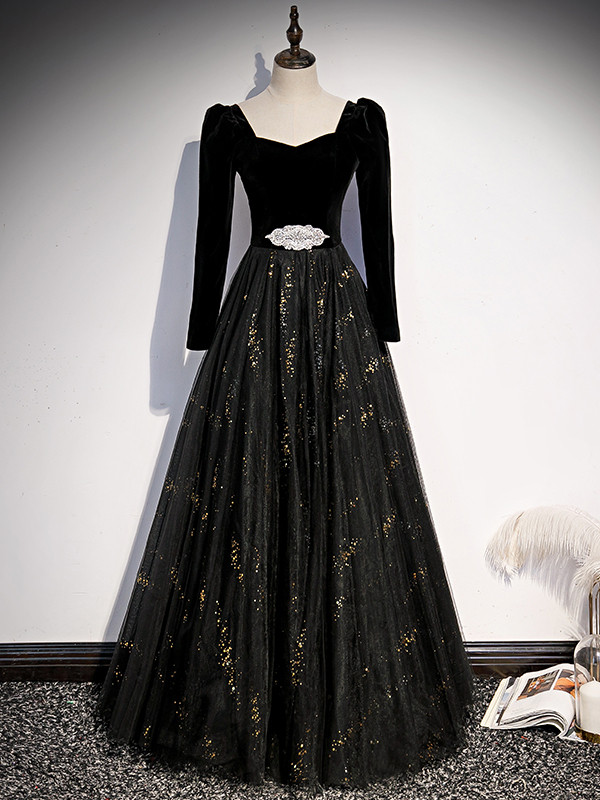 Charming Black Satin And Velvet Long Sleeves Prom Dress cc1140 main image 1
