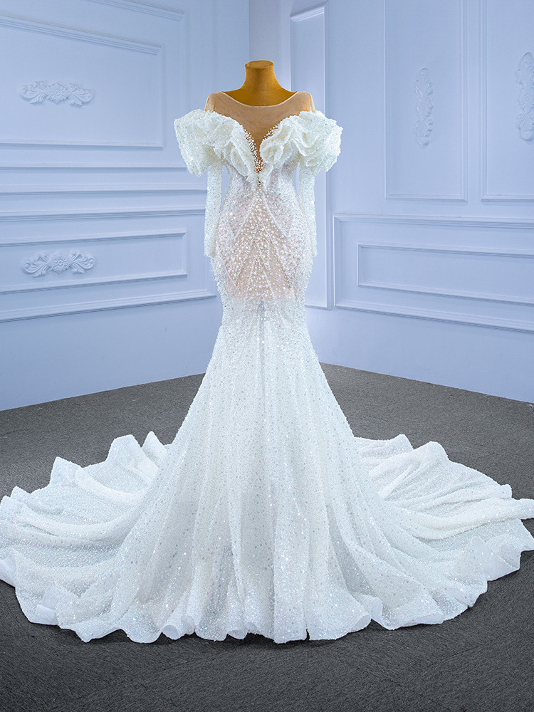 Chic White Mermaid Sequins Long Sleeve Pleats Wedding Dress Bridal Gowns DP620 main image 1