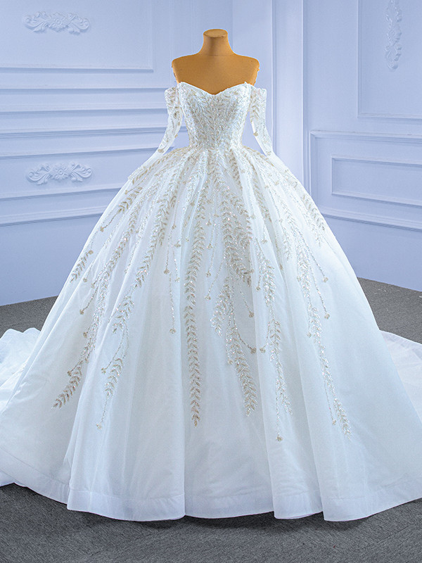 Shiny White Off The Shoulder Tulle Sequin Mermaid Long Wedding Dress