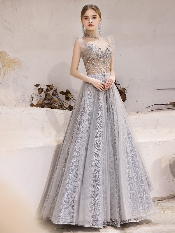 Illusion Neck Tulle Dress with Applique Detail Dark Green Plus Size