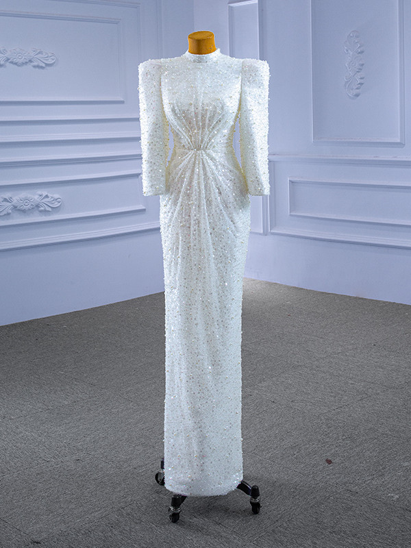 Sexy Mermaid Scoop Neckline Long White Wedding Dresses With Pearls