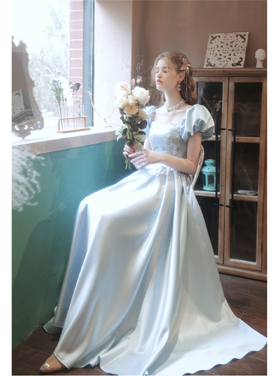 Blue Satin Puff Sleeve Pleats Evening Prom Dress