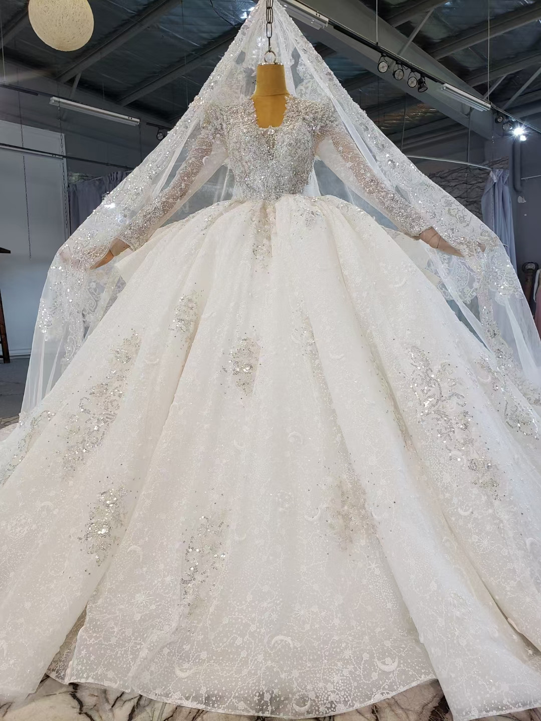 Ruffles Tulle High Neck Beading Short Sleeve Wedding Dress
