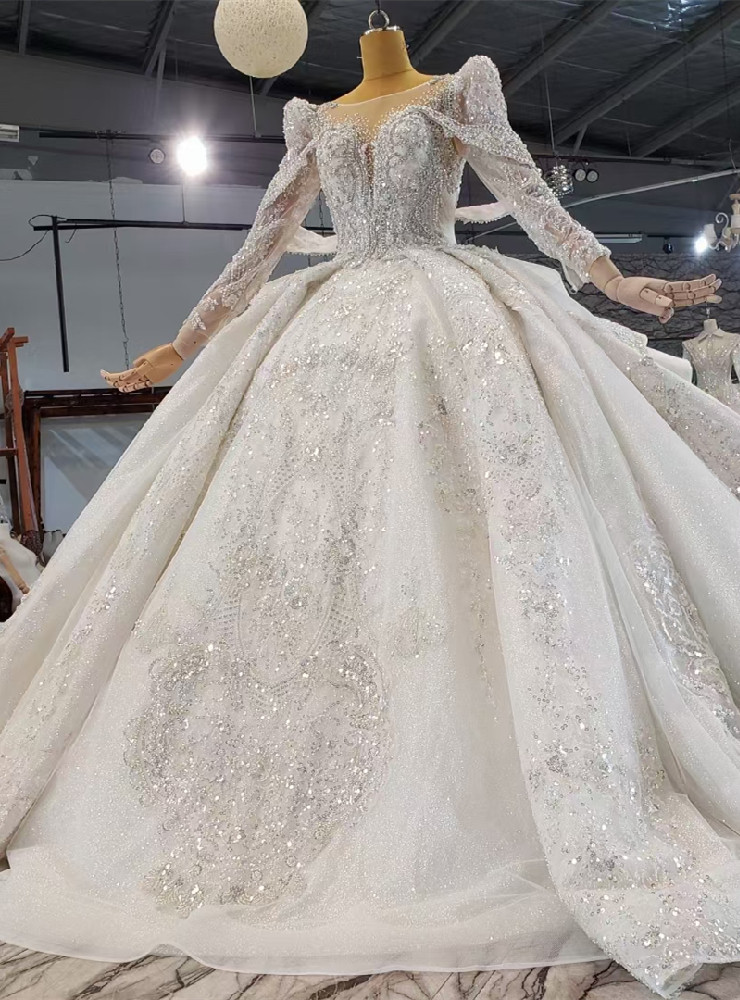 White Tulle Sequins Beading Long Sleeve Luxury Wedding Dress main image 1