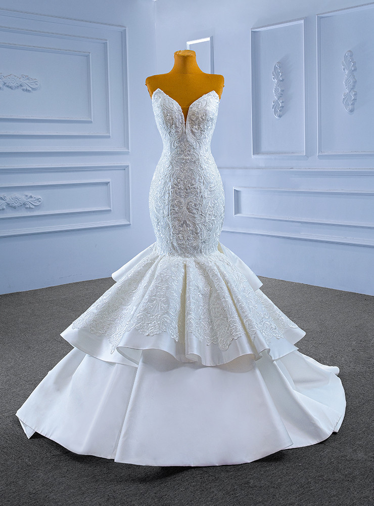 Timeless Mermaid Strapless Long Satin White Wedding Dresses With Bow