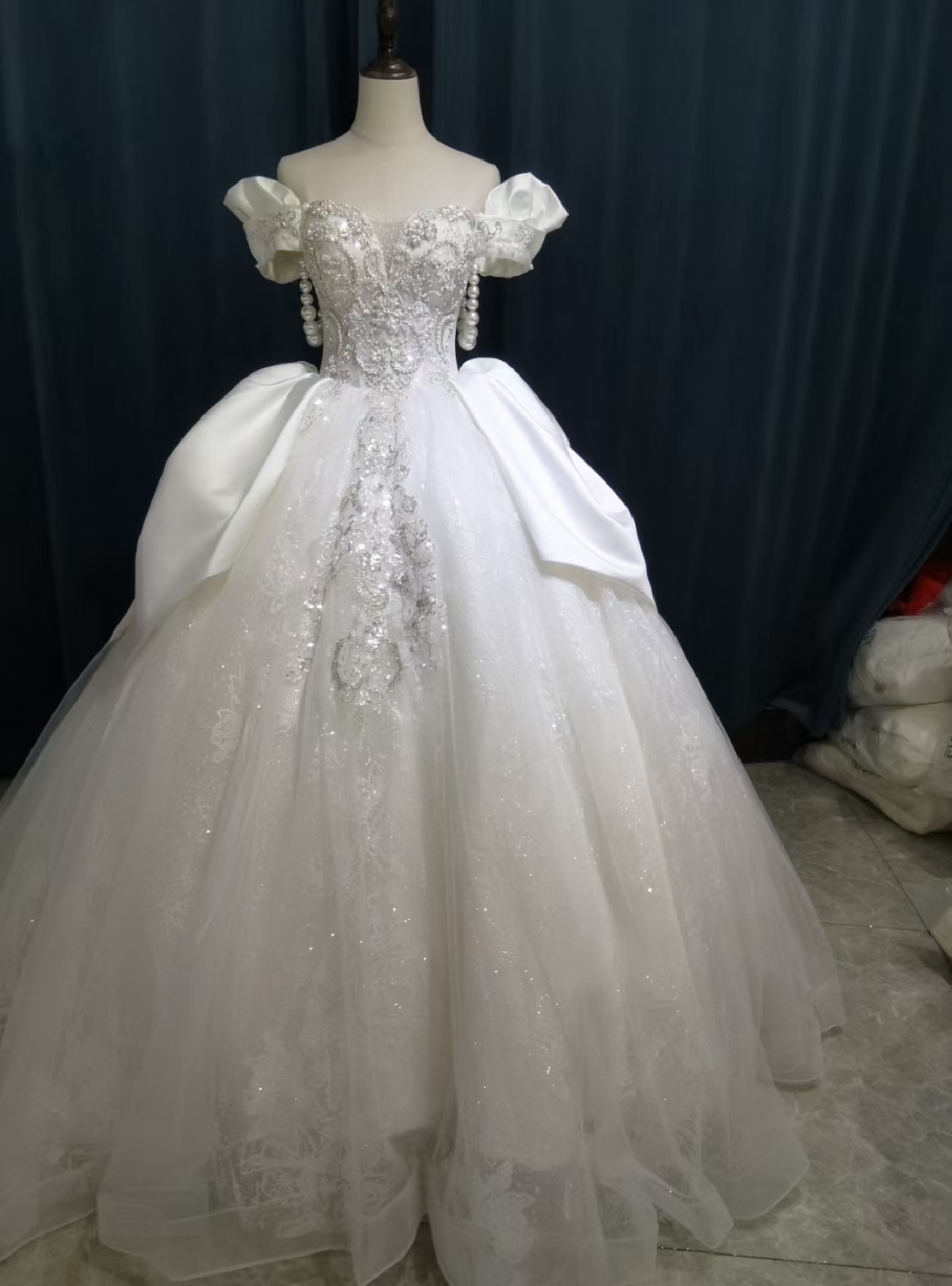 White Tulle Off Shoulder Wedding Dress
